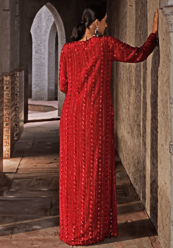Red Embroidered Georgette Pre Drape Saree Set Nidhika Shekhar - Fabilicious Fashion