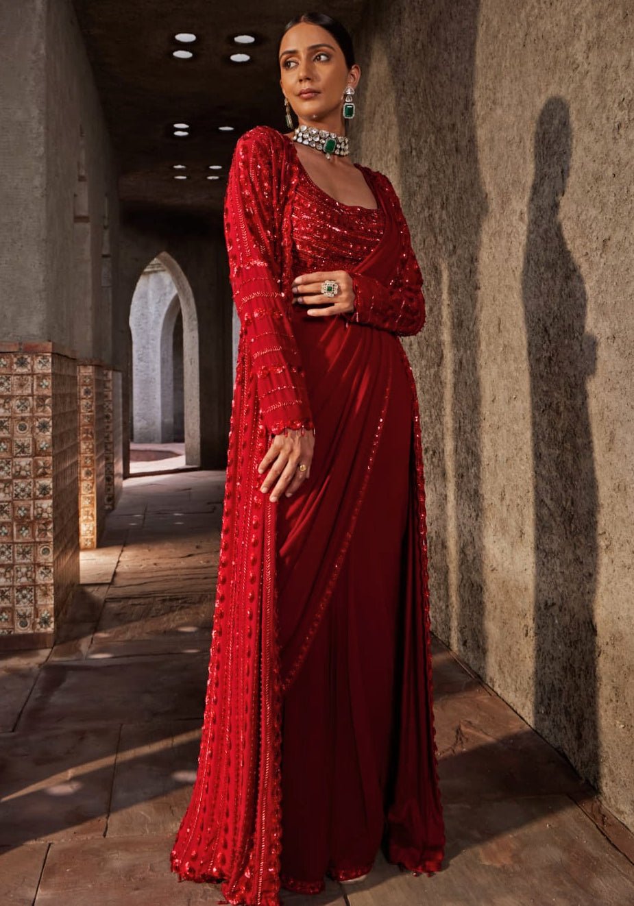 Red Embroidered Georgette Pre Drape Saree Set Nidhika Shekhar - Fabilicious Fashion