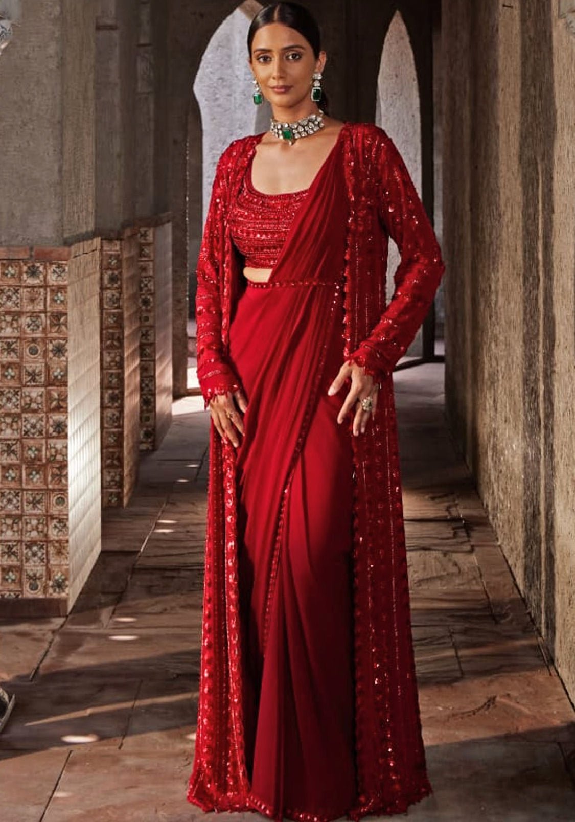 Red Embroidered Georgette Pre Drape Saree Set