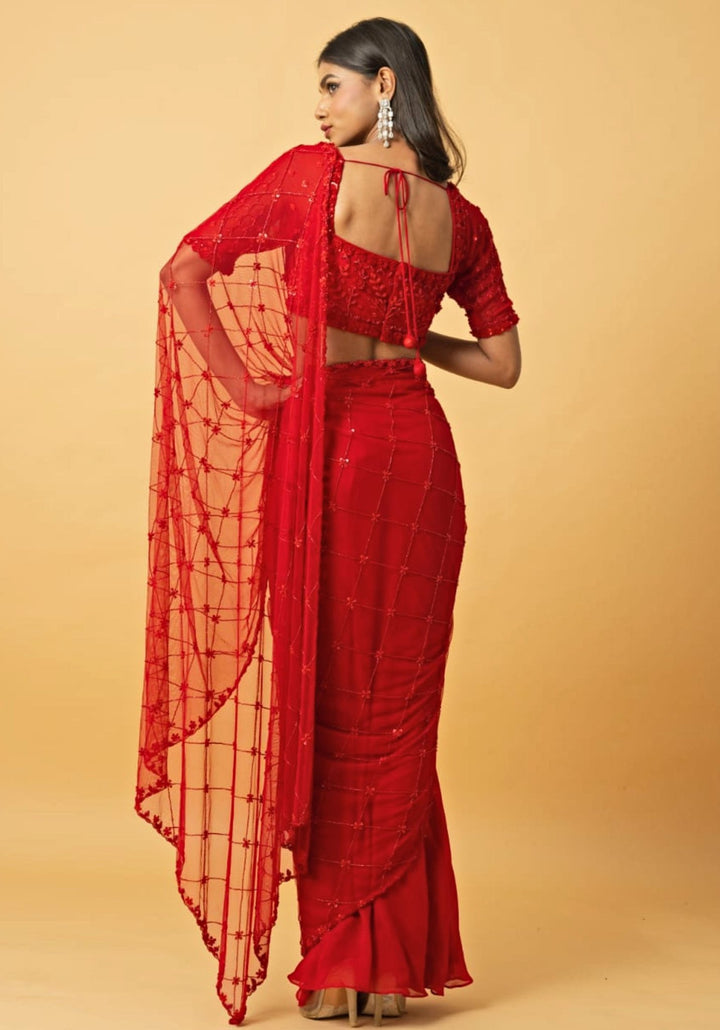 Red Embroidered Pre Draped Saree Quench A Thirst - Fabilicious Fashion