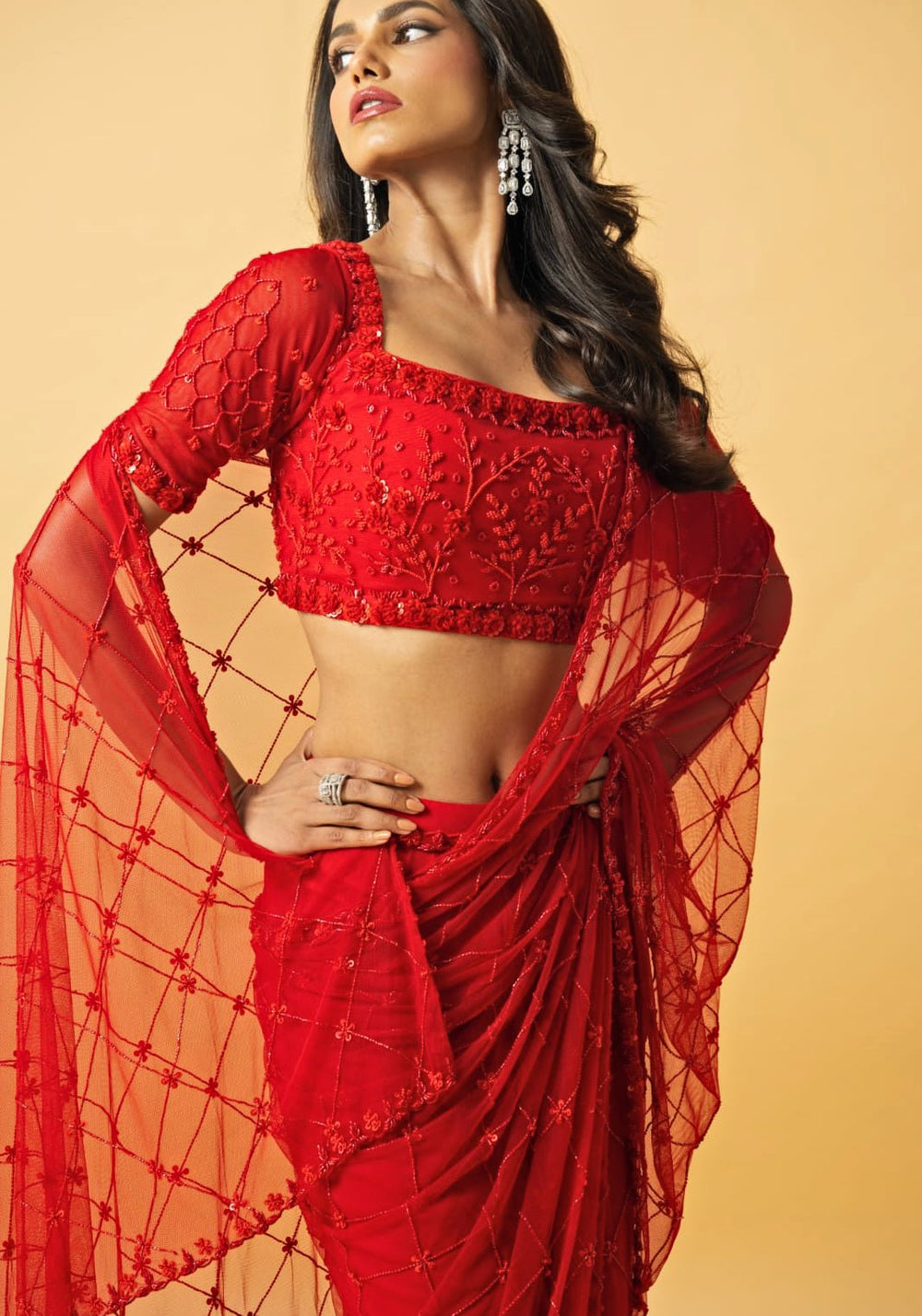 Red Embroidered Pre Draped Saree Quench A Thirst - Fabilicious Fashion