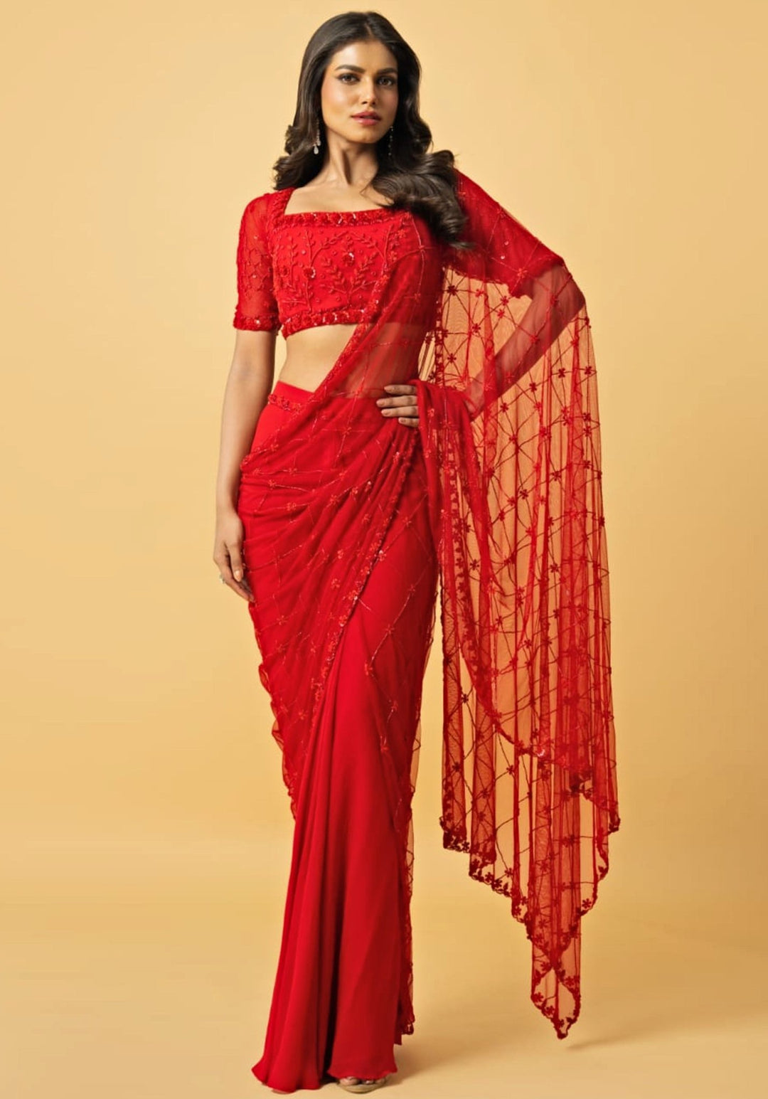 Red Embroidered Pre Draped Saree Quench A Thirst - Fabilicious Fashion