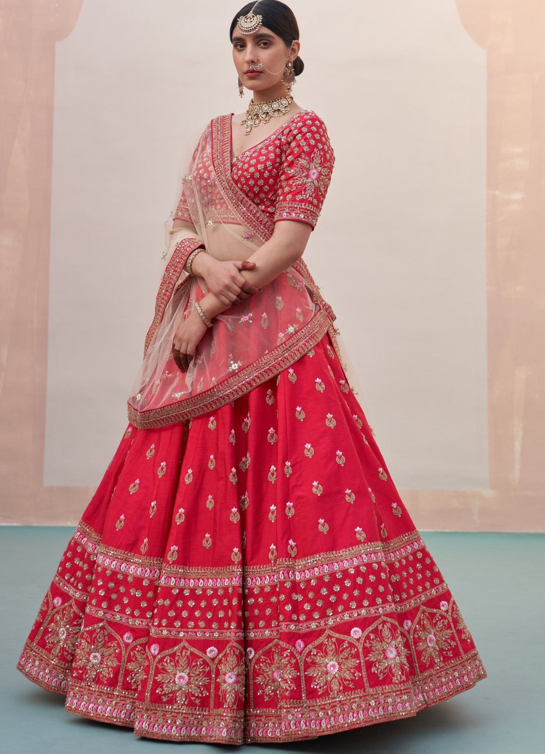 Red Floral Border Raw Silk Double Dupatta Lehenga Set Angad Singh - Fabilicious Fashion