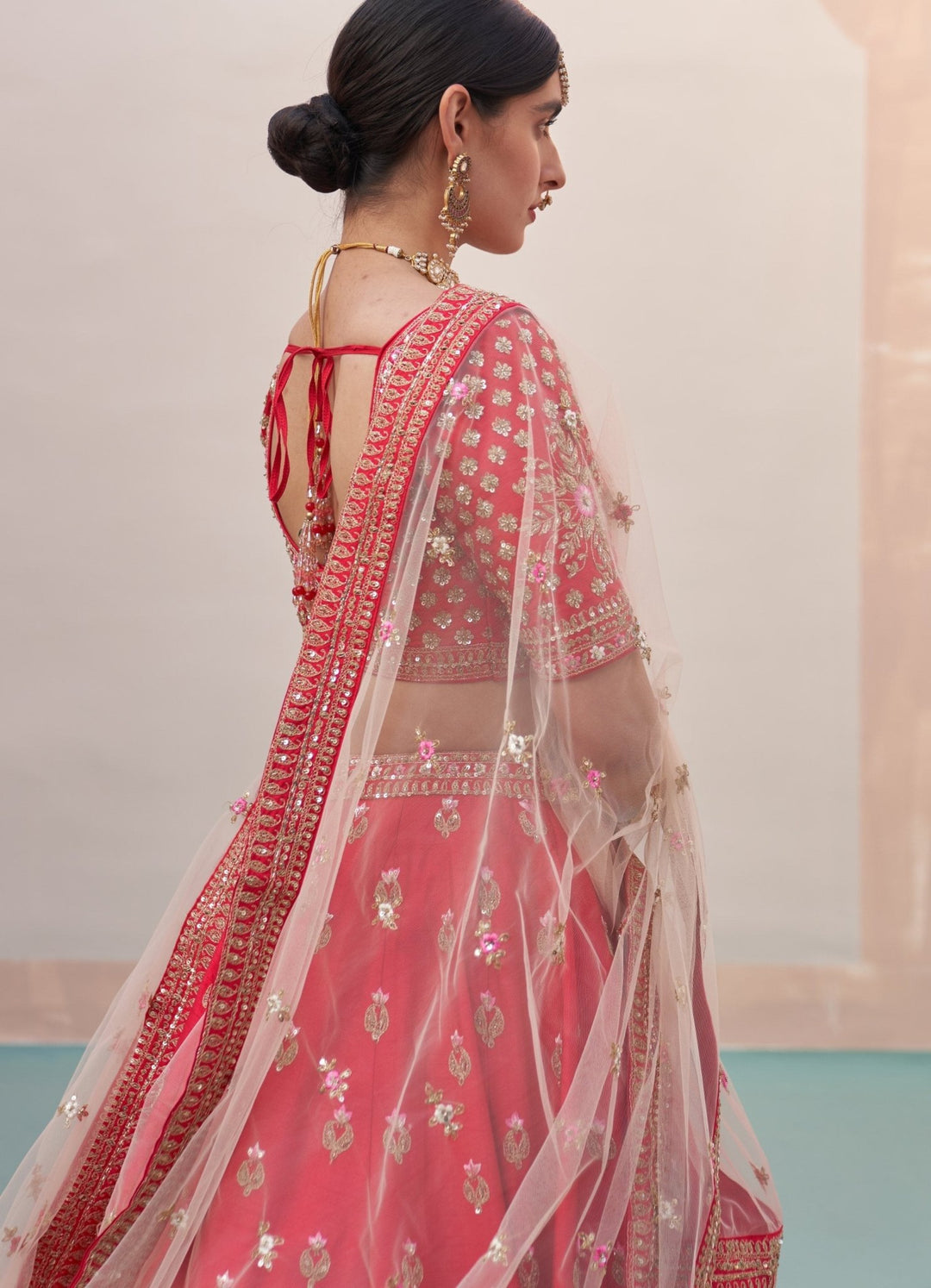 Red Floral Border Raw Silk Double Dupatta Lehenga Set Angad Singh - Fabilicious Fashion