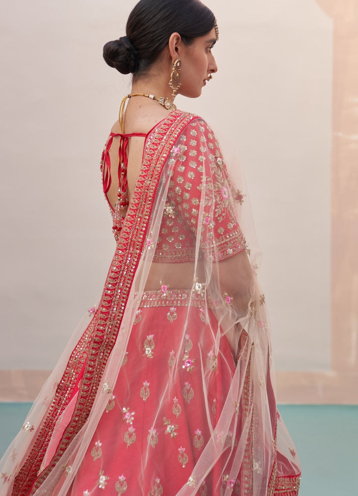 Red Floral Border Raw Silk Double Dupatta Lehenga Set Angad Singh - Fabilicious Fashion
