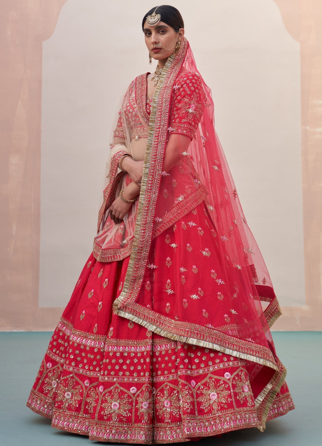 Red Floral Border Raw Silk Double Dupatta Lehenga Set Angad Singh - Fabilicious Fashion