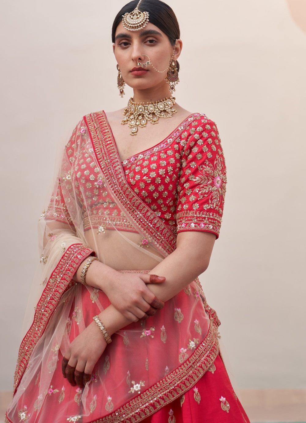 Red Floral Border Raw Silk Double Dupatta Lehenga Set Angad Singh - Fabilicious Fashion