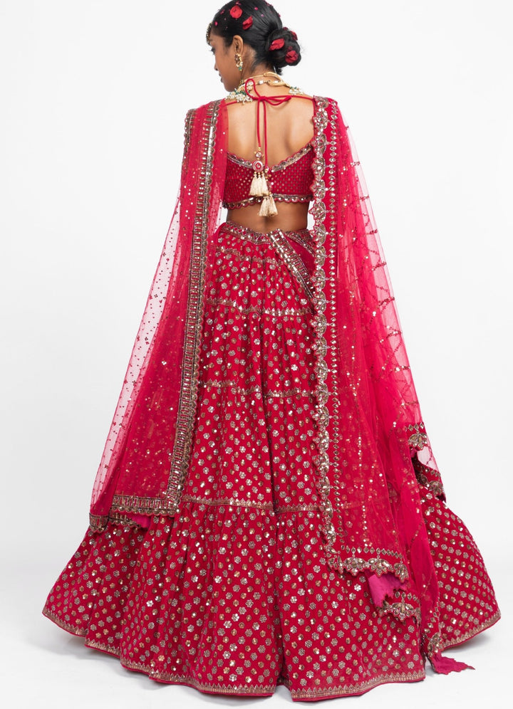 Red Floral Double Dupatta Lehenga Set Vvani by Vani Vats - Fabilicious Fashion