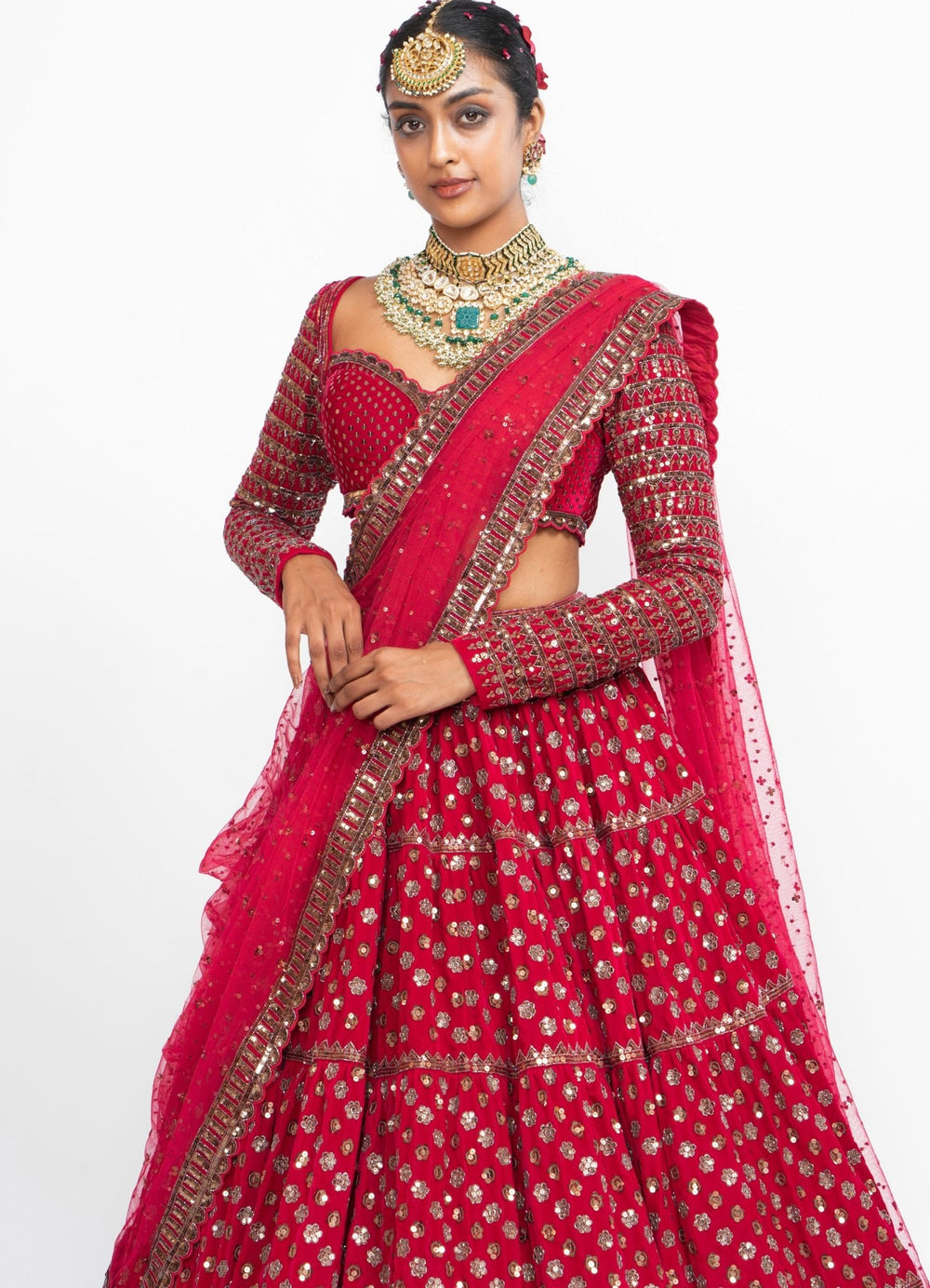 Red Floral Double Dupatta Lehenga Set Vvani by Vani Vats - Fabilicious Fashion