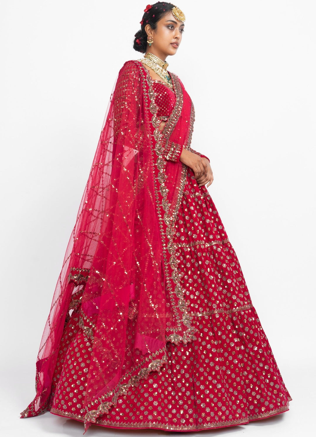 Red Floral Double Dupatta Lehenga Set Vvani by Vani Vats - Fabilicious Fashion