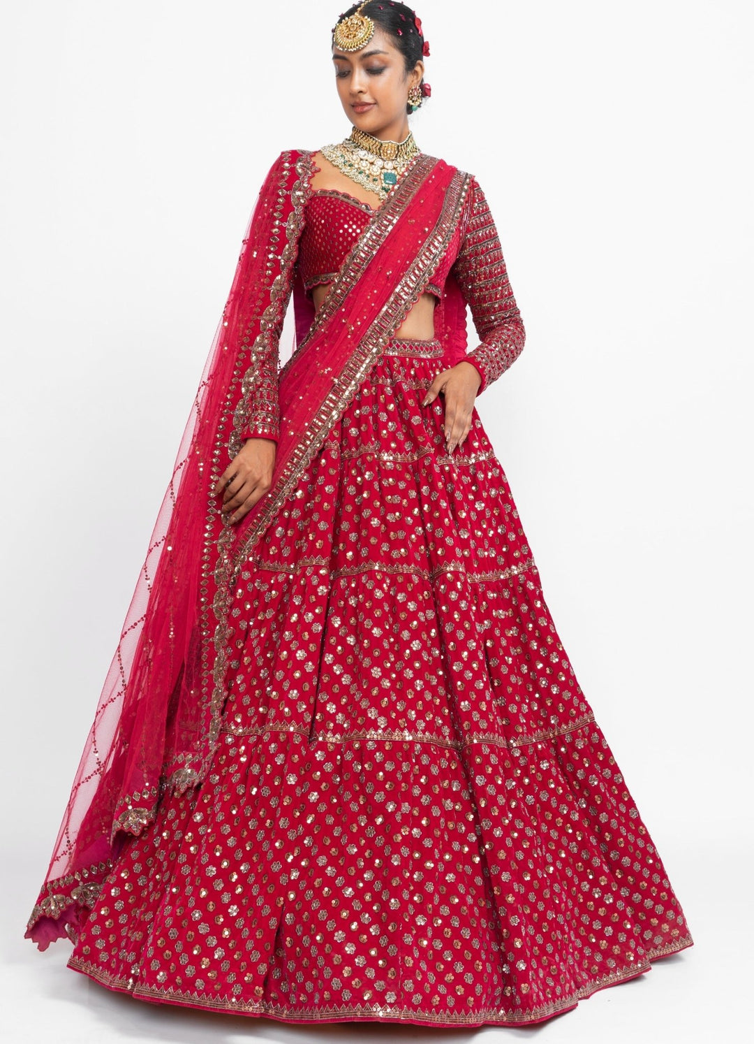 Red Floral Double Dupatta Lehenga Set Vvani by Vani Vats - Fabilicious Fashion