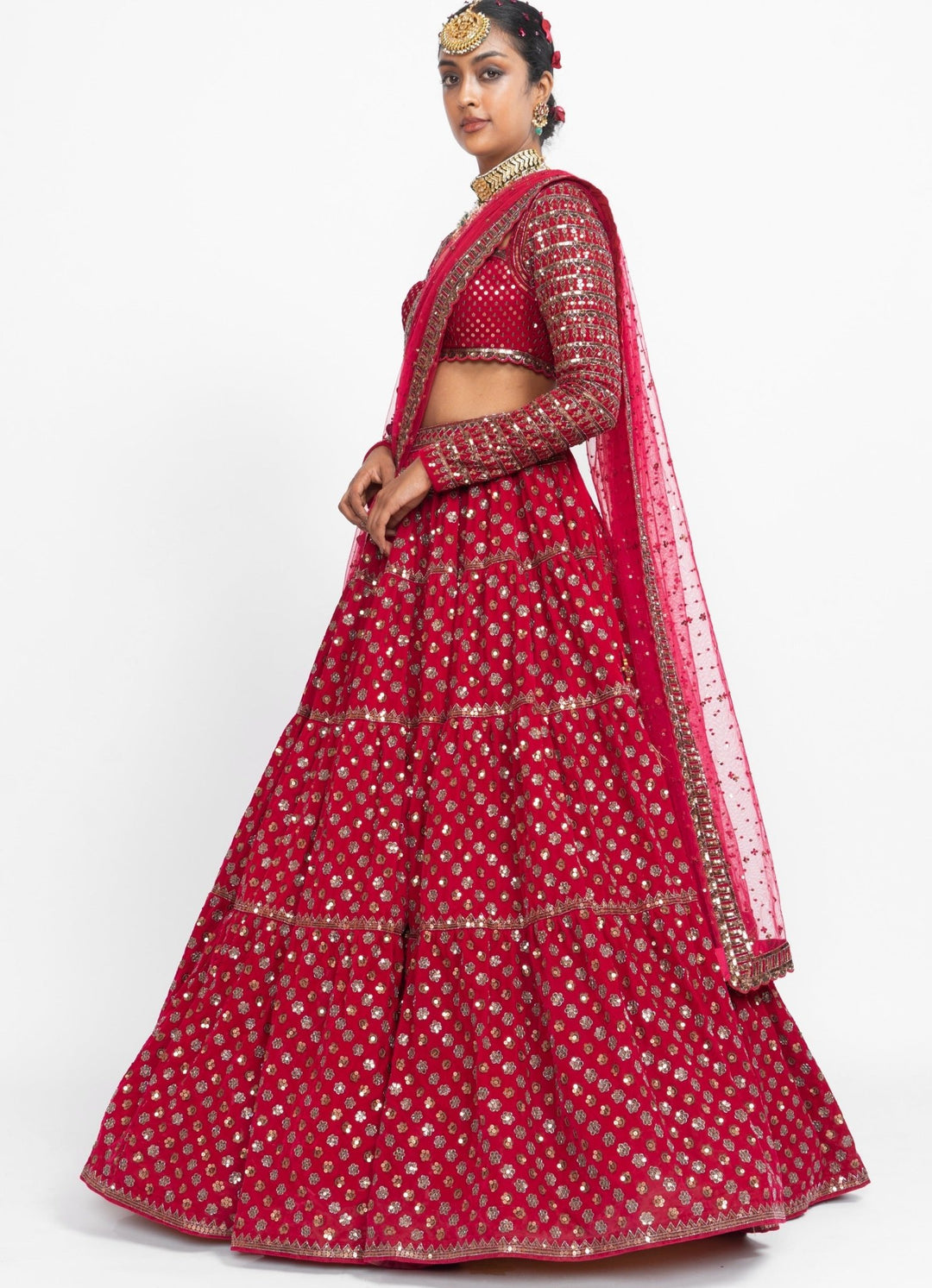 Red Floral Double Dupatta Lehenga Set Vvani by Vani Vats - Fabilicious Fashion