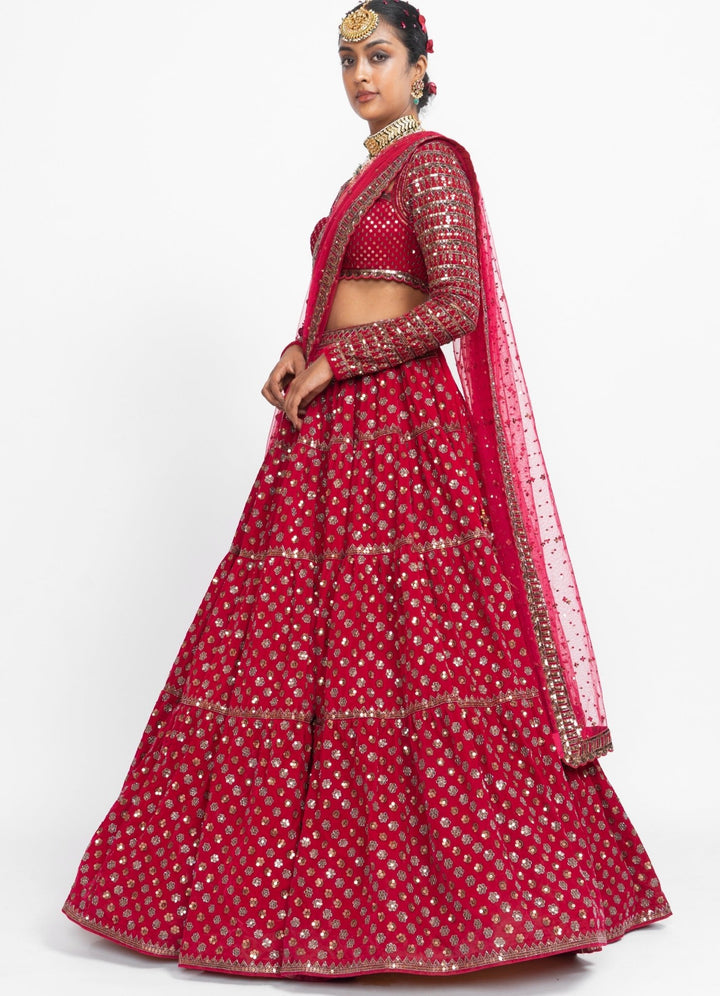 Red Floral Double Dupatta Lehenga Set Vvani by Vani Vats - Fabilicious Fashion