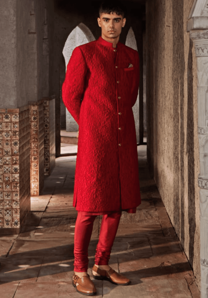 Red Floral Quilted Sherwani Set Nidhika Shekhar - Men - Fabilicious Fashion