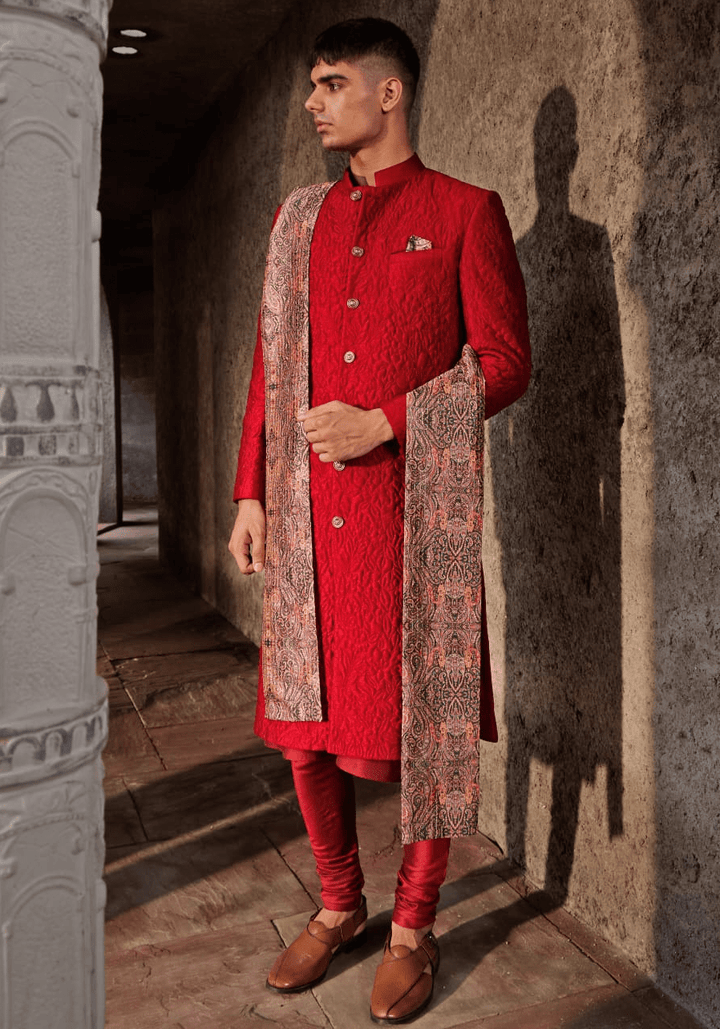 Red Floral Quilted Sherwani Set Nidhika Shekhar - Men - Fabilicious Fashion