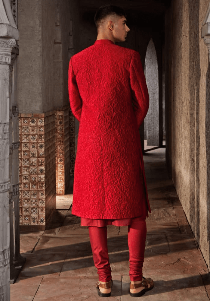 Red Floral Quilted Sherwani Set Nidhika Shekhar - Men - Fabilicious Fashion