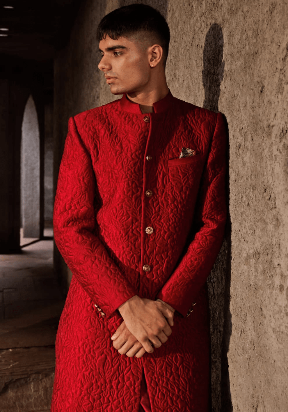 Red Floral Quilted Sherwani Set Nidhika Shekhar - Men - Fabilicious Fashion
