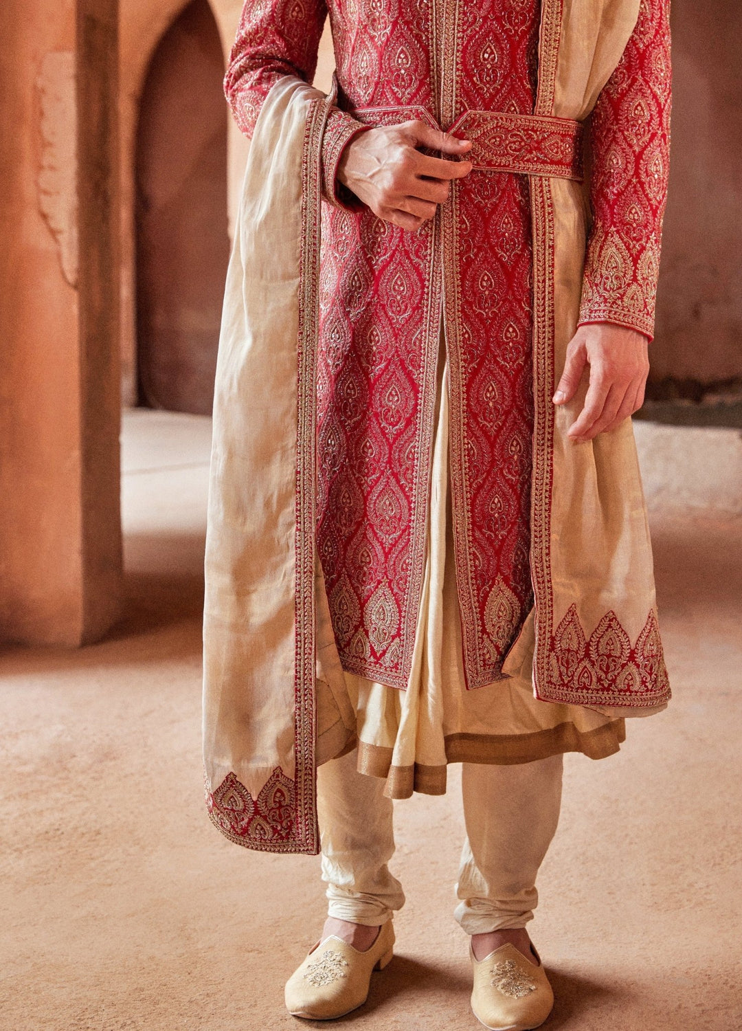 Red Front Cut Silk Sherwani WIth Beige Kurta Set Nitika Gujral - Men - Fabilicious Fashion