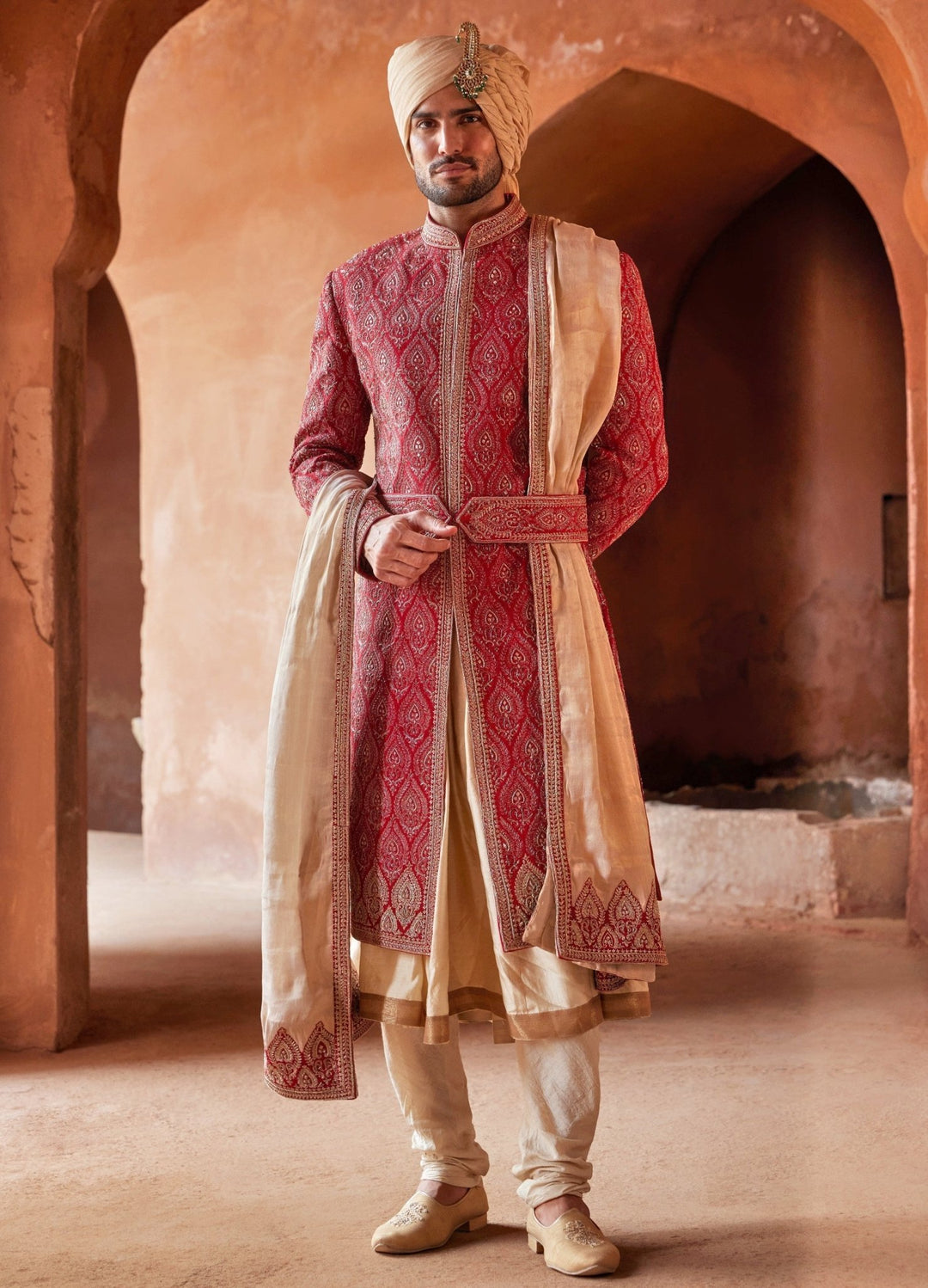 Red Front Cut Silk Sherwani WIth Beige Kurta Set Nitika Gujral - Men - Fabilicious Fashion