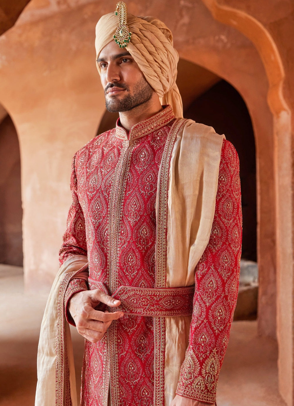Red Front Cut Silk Sherwani WIth Beige Kurta Set Nitika Gujral - Men - Fabilicious Fashion
