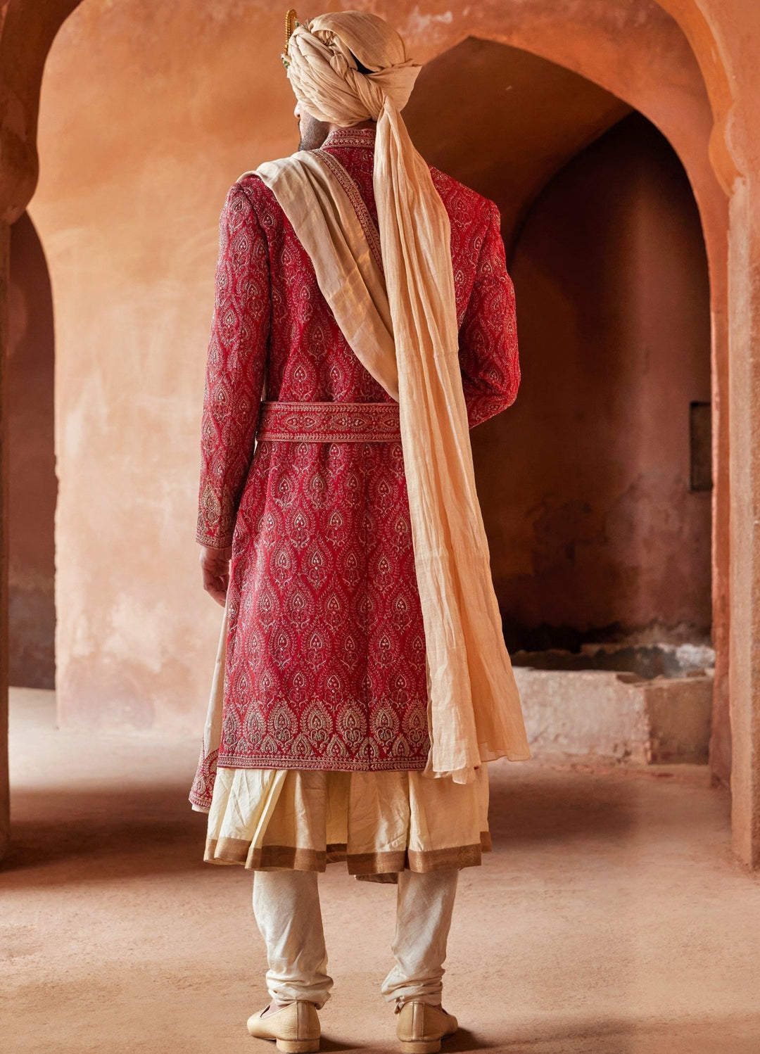 Red Front Cut Silk Sherwani WIth Beige Kurta Set Nitika Gujral - Men - Fabilicious Fashion
