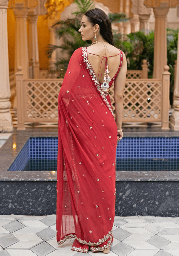 Red Gajjri Pre Draped Saree set Esha Koul - Fabilicious Fashion