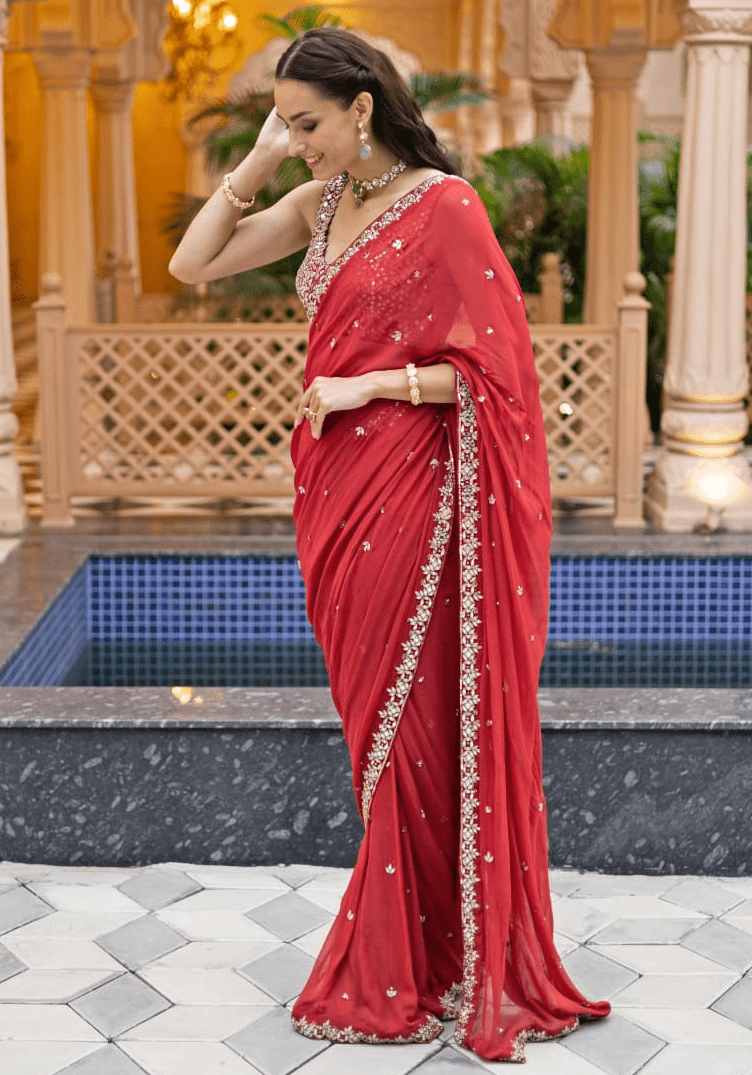 Red Gajjri Pre Draped Saree set Esha Koul - Fabilicious Fashion