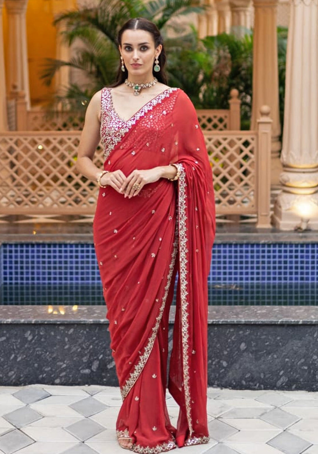 Red Gajjri Pre Draped Saree set Esha Koul - Fabilicious Fashion