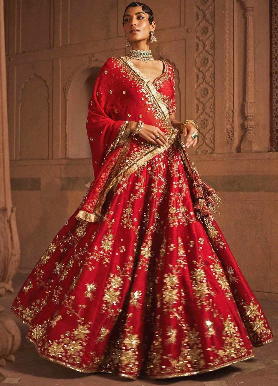 Red Gehana Silk Bridal Embellished Lehenga With Gold Detailing Prevasu - Fabilicious Fashion