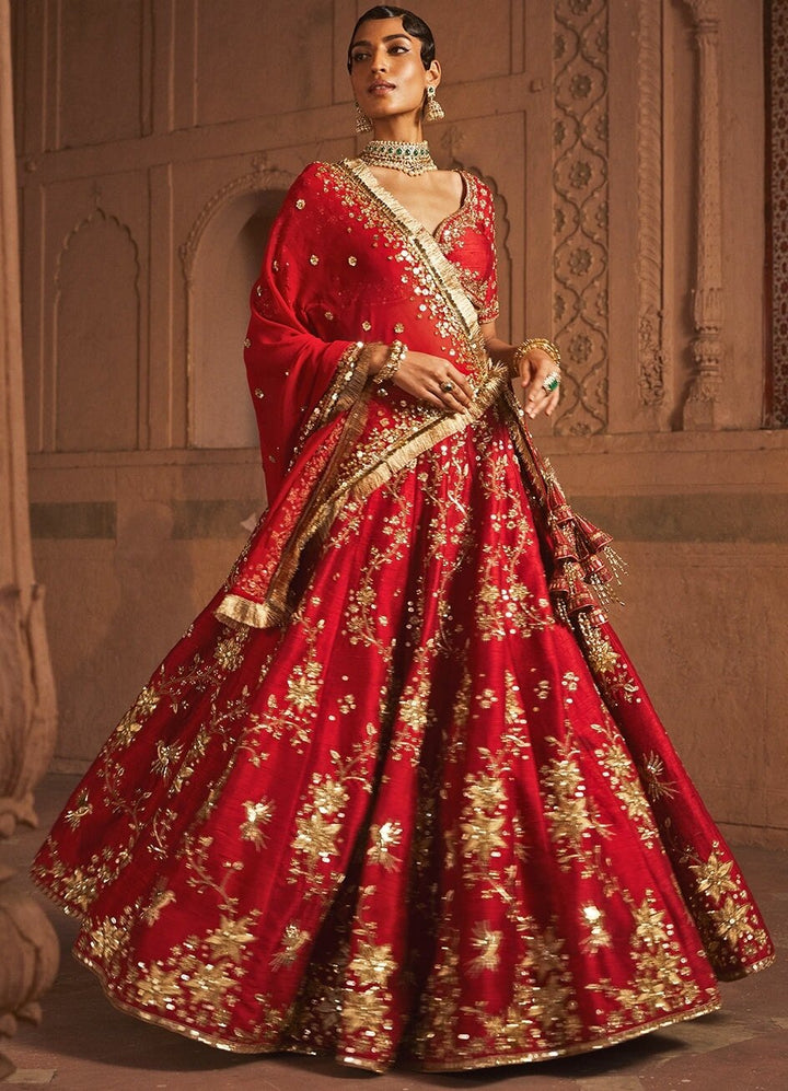 Red Gehana Silk Bridal Embellished Lehenga With Gold Detailing Prevasu - Fabilicious Fashion