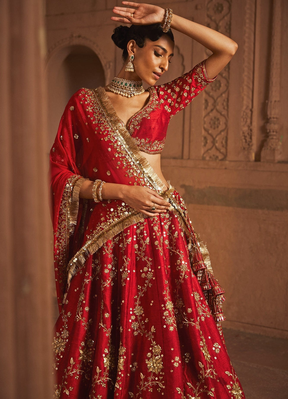 Red Gehana Silk Bridal Embellished Lehenga With Gold Detailing Prevasu - Fabilicious Fashion