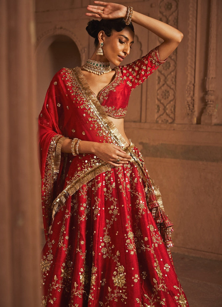 Red Gehana Silk Bridal Embellished Lehenga With Gold Detailing Prevasu - Fabilicious Fashion