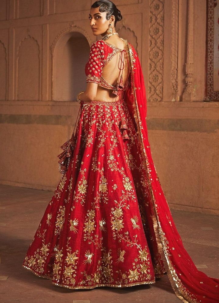 Red Gehana Silk Bridal Embellished Lehenga With Gold Detailing Prevasu - Fabilicious Fashion