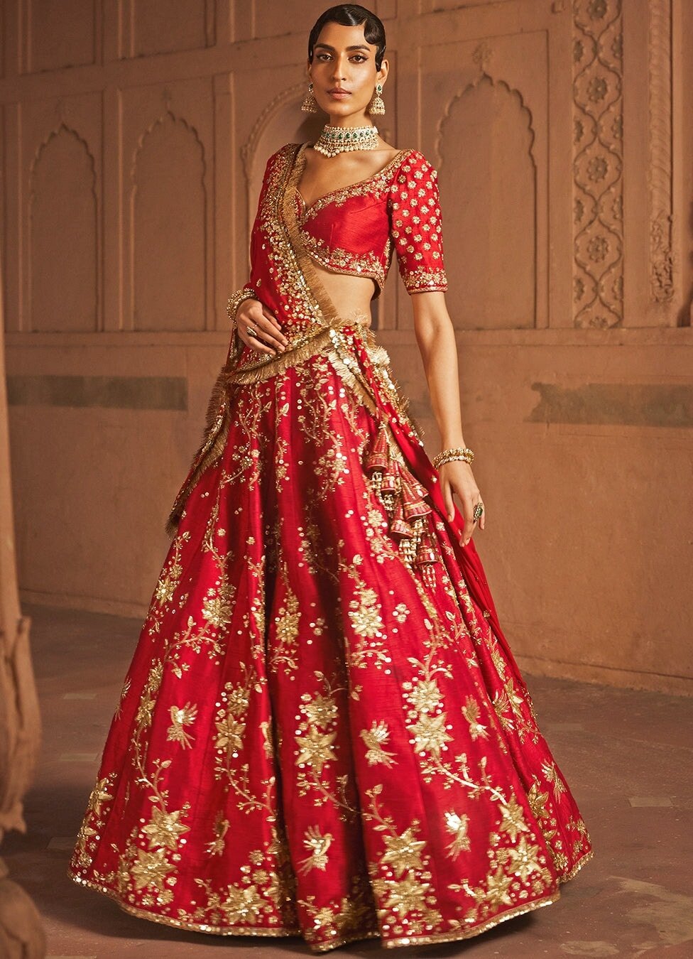 Red Gehana Silk Bridal Embellished Lehenga With Gold Detailing Prevasu - Fabilicious Fashion