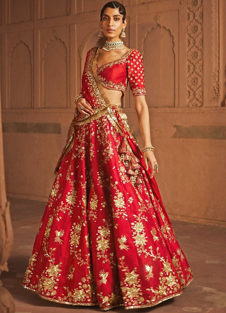Red Gehana Silk Bridal Embellished Lehenga With Gold Detailing Prevasu - Fabilicious Fashion