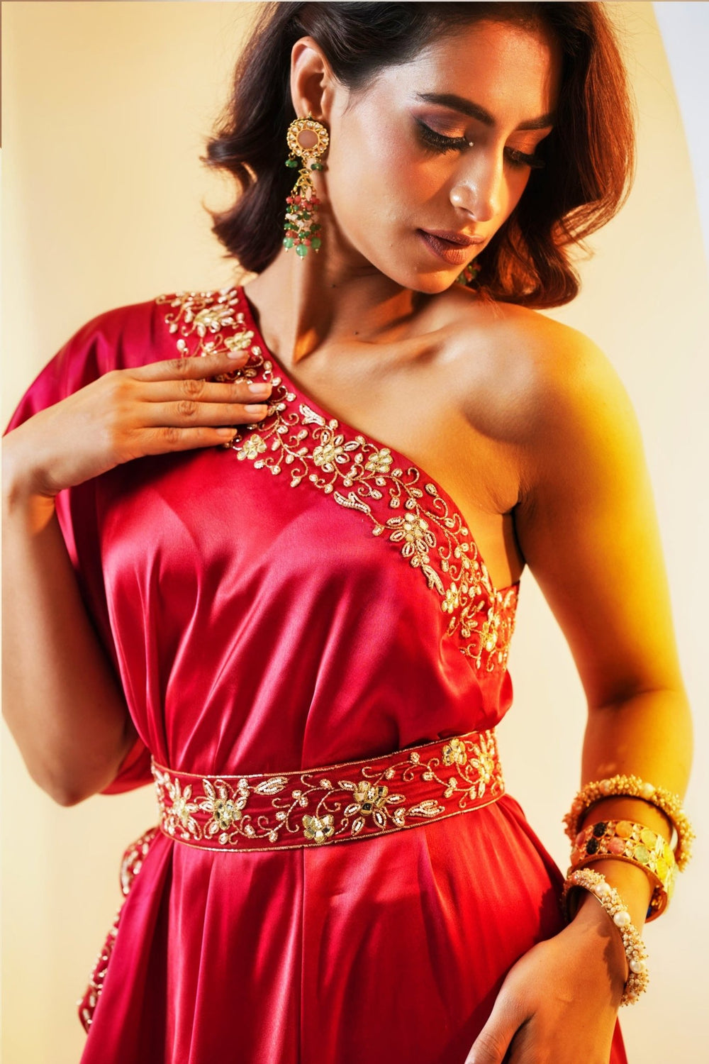 Red Georgette Sharara Pants With Embellished Cape And Belt Rashika Sharma - Fabilicious Fashion