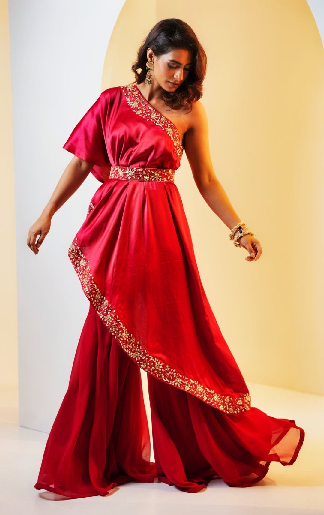 Red Georgette Sharara Pants With Embellished Cape And Belt Rashika Sharma - Fabilicious Fashion