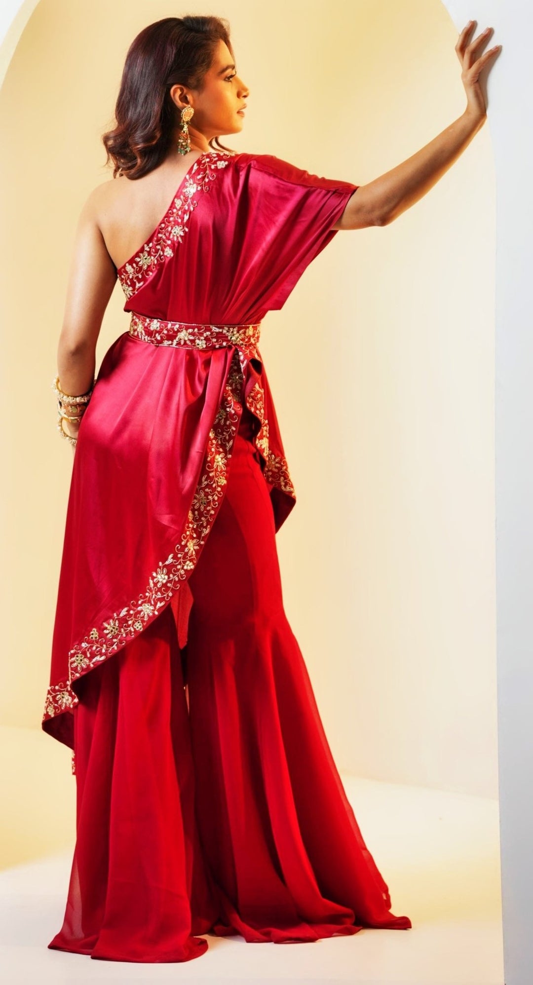 Red Georgette Sharara Pants With Embellished Cape And Belt Rashika Sharma - Fabilicious Fashion
