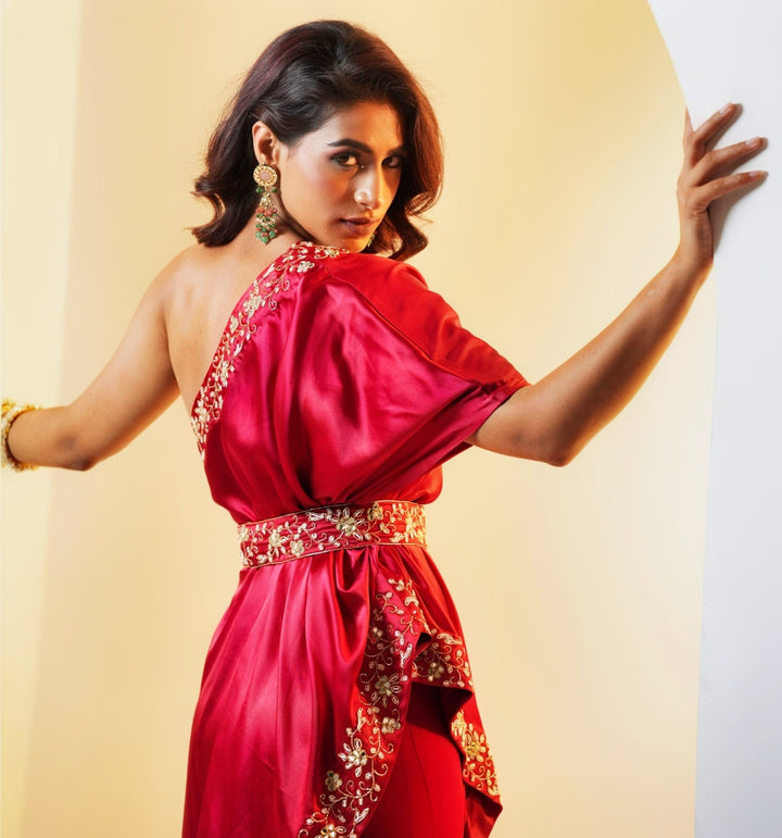 Red Georgette Sharara Pants With Embellished Cape And Belt Rashika Sharma - Fabilicious Fashion