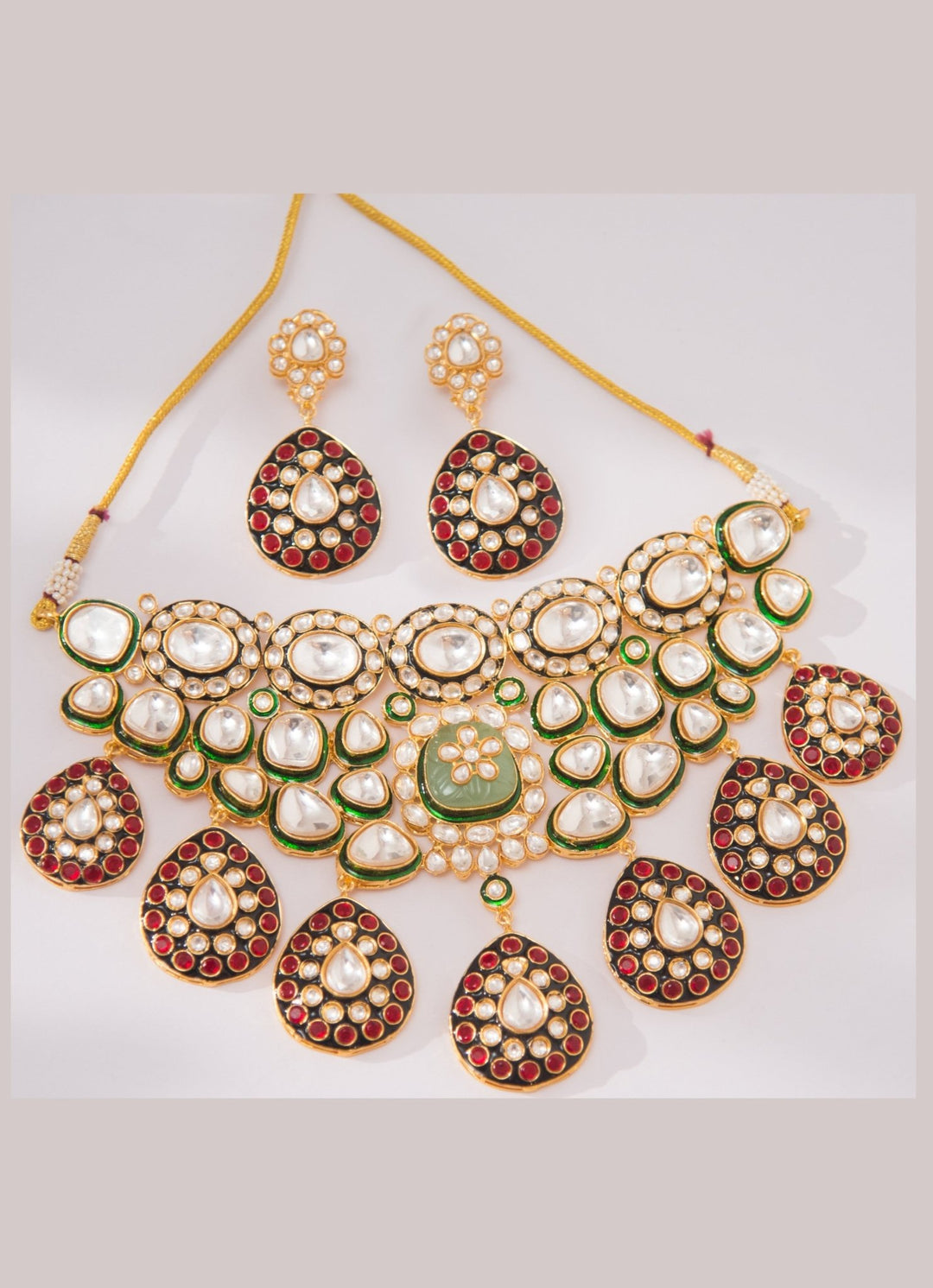 Red Green Kundan Necklace Set Zevar By Geeta - Fabilicious Fashion