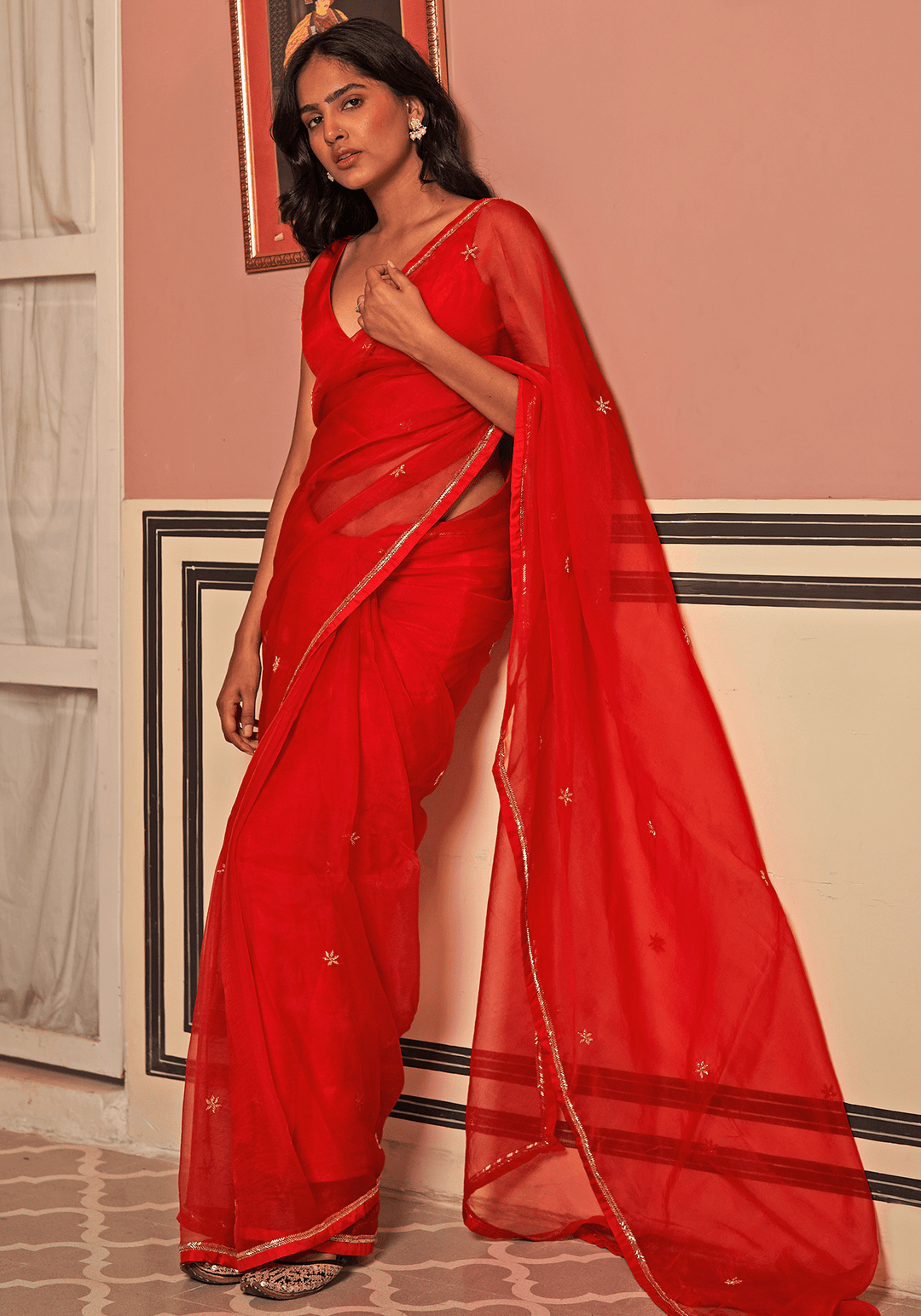 Red Organza Silk Embroidered Saree Set Zoon Tribe - Fabilicious Fashion