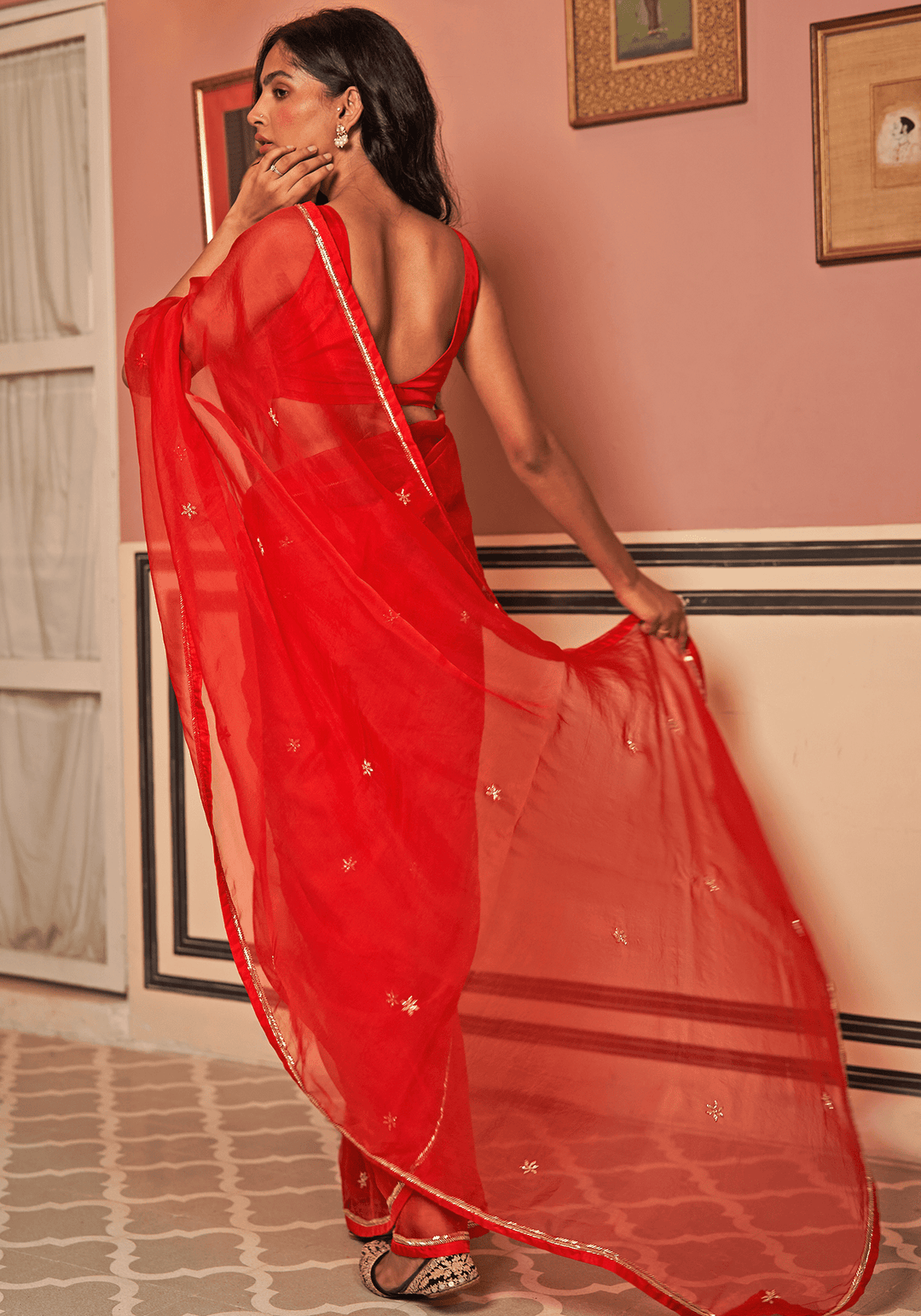 Red Organza Silk Embroidered Saree Set Zoon Tribe - Fabilicious Fashion