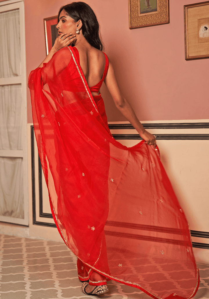 Red Organza Silk Embroidered Saree Set Zoon Tribe - Fabilicious Fashion