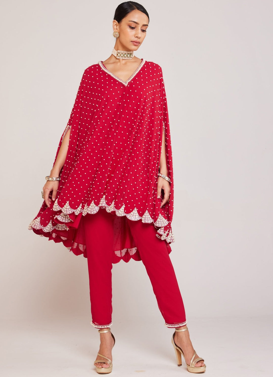 Red Pearl Embellished Cape And Pant Set Vvani By Vani Vats - Fabilicious Fashion