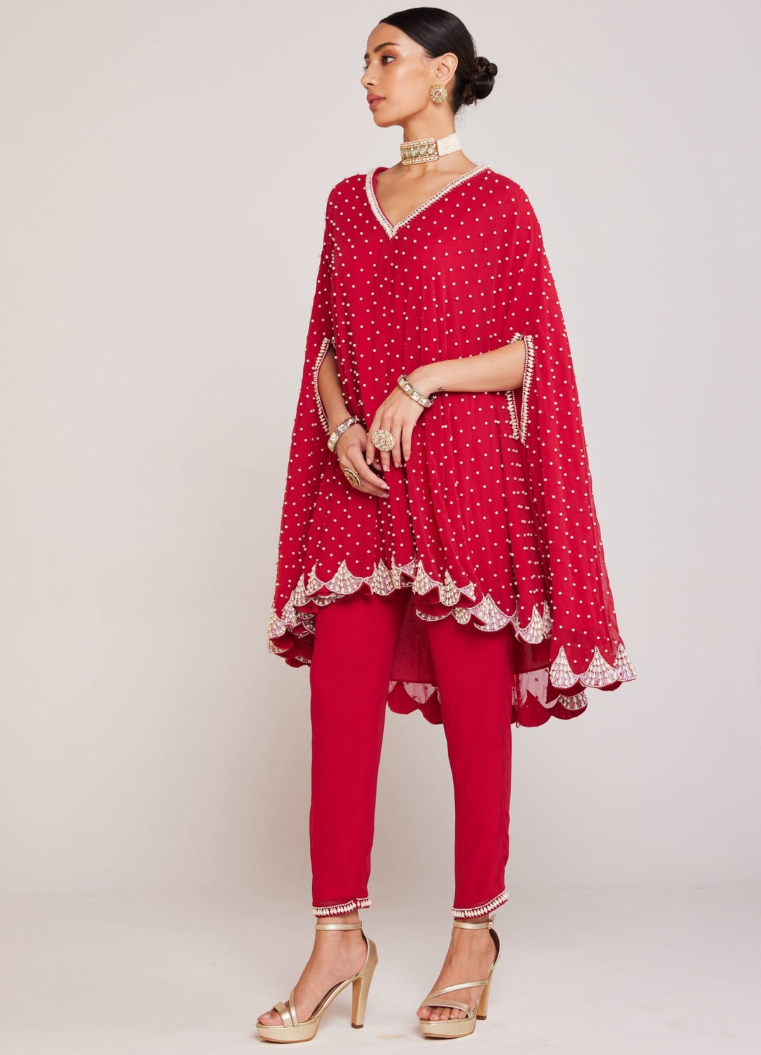 Red Pearl Embellished Cape And Pant Set Vvani By Vani Vats - Fabilicious Fashion