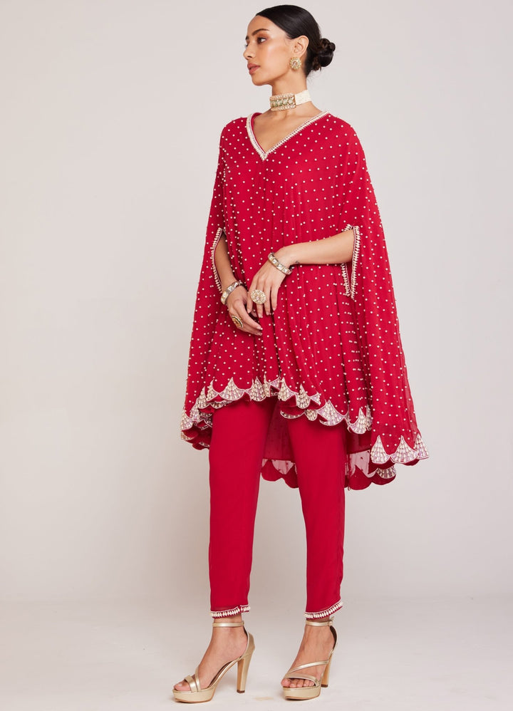 Red Pearl Embellished Cape And Pant Set Vvani By Vani Vats - Fabilicious Fashion