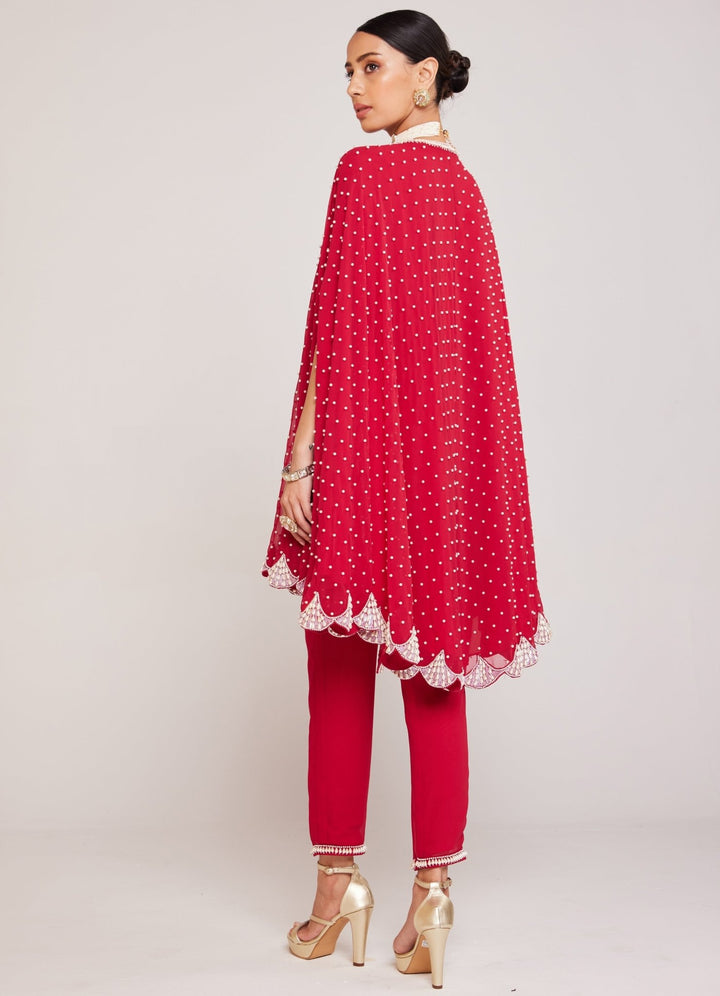 Red Pearl Embellished Cape And Pant Set Vvani By Vani Vats - Fabilicious Fashion