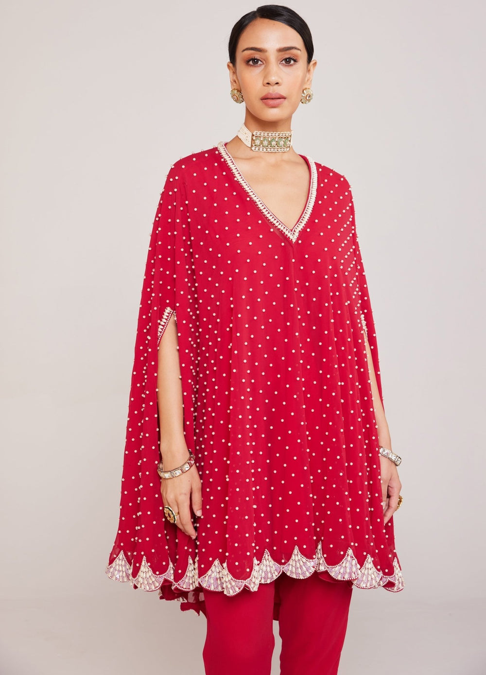 Red Pearl Embellished Cape And Pant Set Vvani By Vani Vats - Fabilicious Fashion