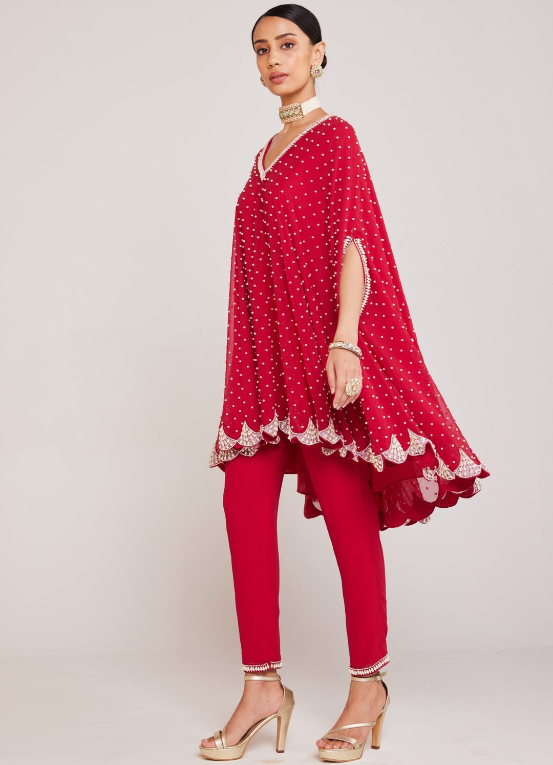 Red Pearl Embellished Cape And Pant Set Vvani By Vani Vats - Fabilicious Fashion