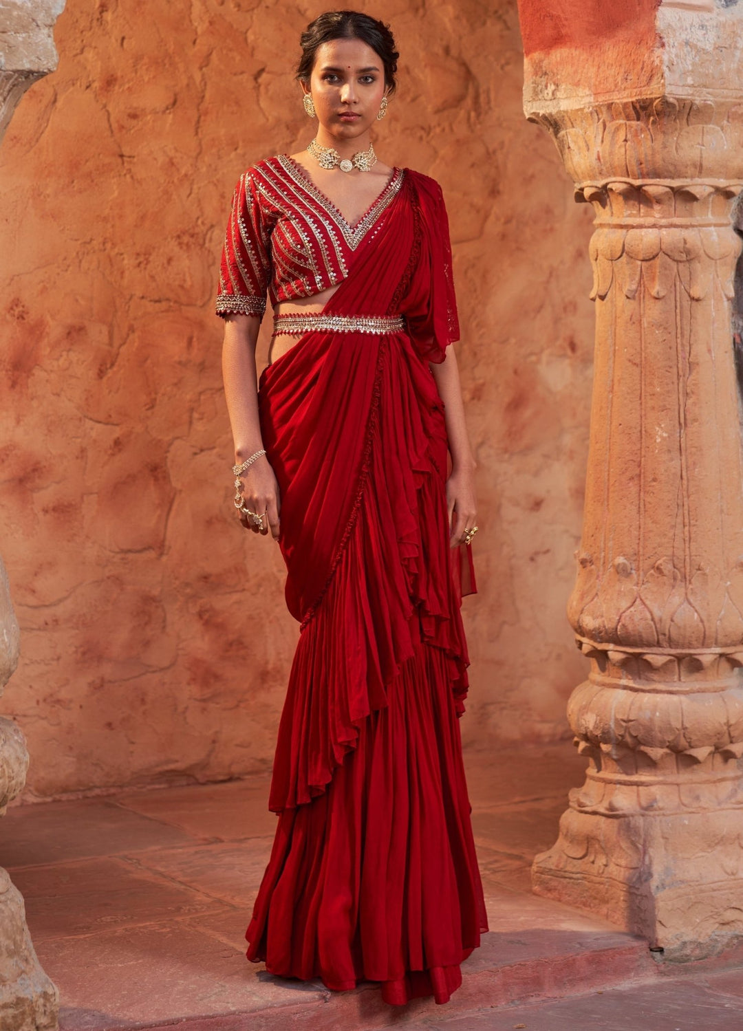 Red Pre-Draped Ruffled Silk Saree With Belt Nidhika Shekhar - Fabilicious Fashion